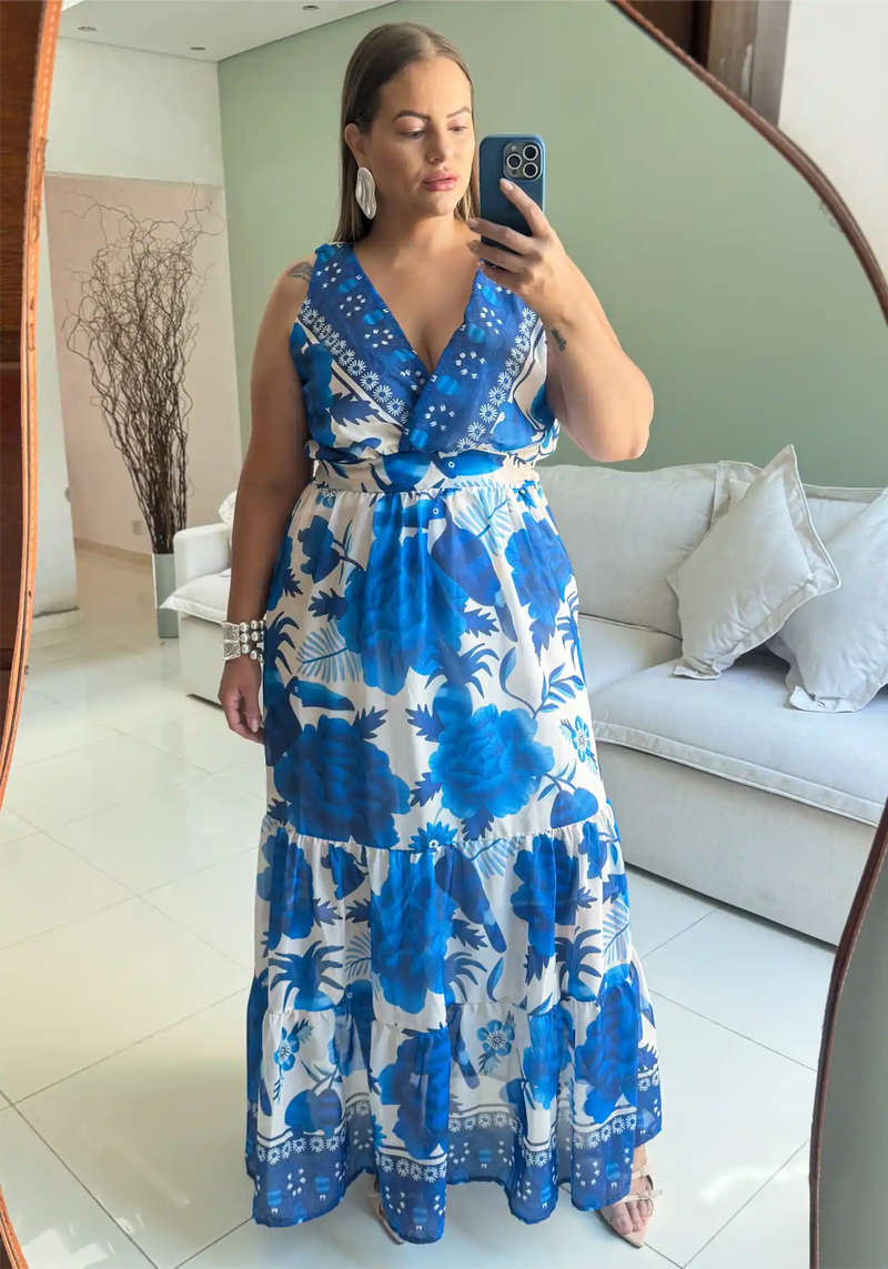 Vestido Longo Plus Size Sem Manga Marrie Estampa Azul
