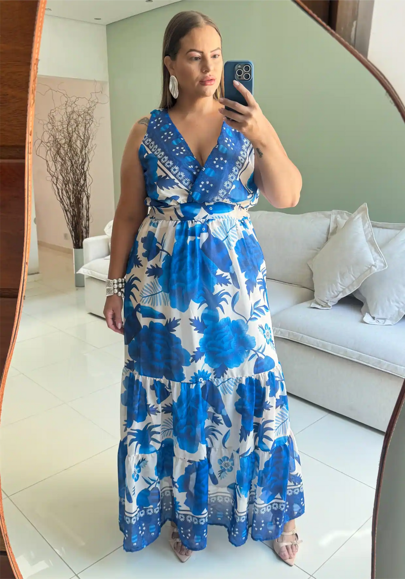 Vestido Longo Plus Size Sem Manga Marrie Estampa Azul